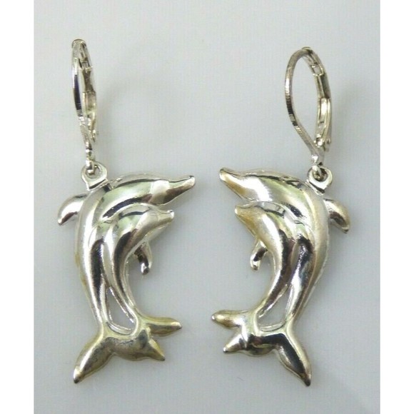 Dolphin Pendant Brooch Jewelry Set Pierced Earrings Silver Tone Vintage Shiny! - Picture 6 of 12